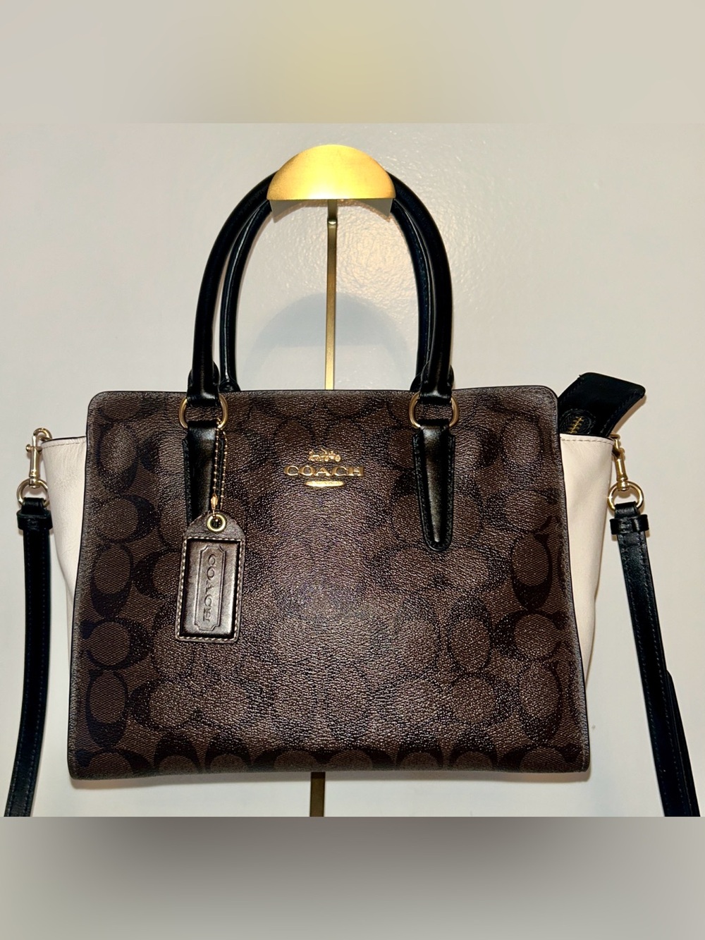 Coach Tri Color Signature Coated Canvas and Leather Mini Christie Carryall Bag.